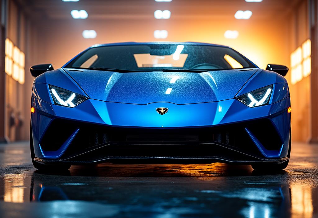 Carro desportivo azul a brilhar depois de uma lavagem profissional