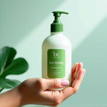 Mão a segurar um frasco de produto de limpeza ecológico com uma folha verde